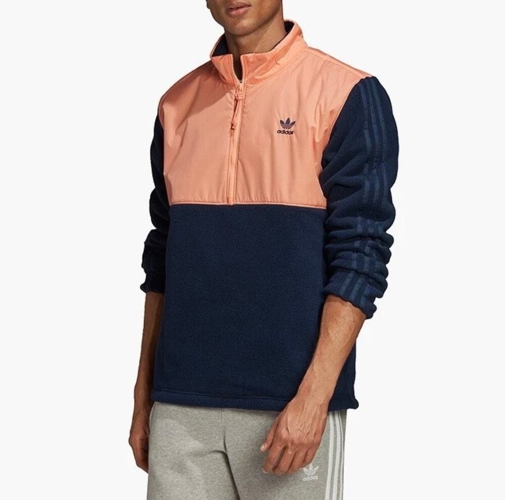 adidas Mens Half 1/2 Zip Fleece Pullover Navy Blue Peach Size Medium Winterized